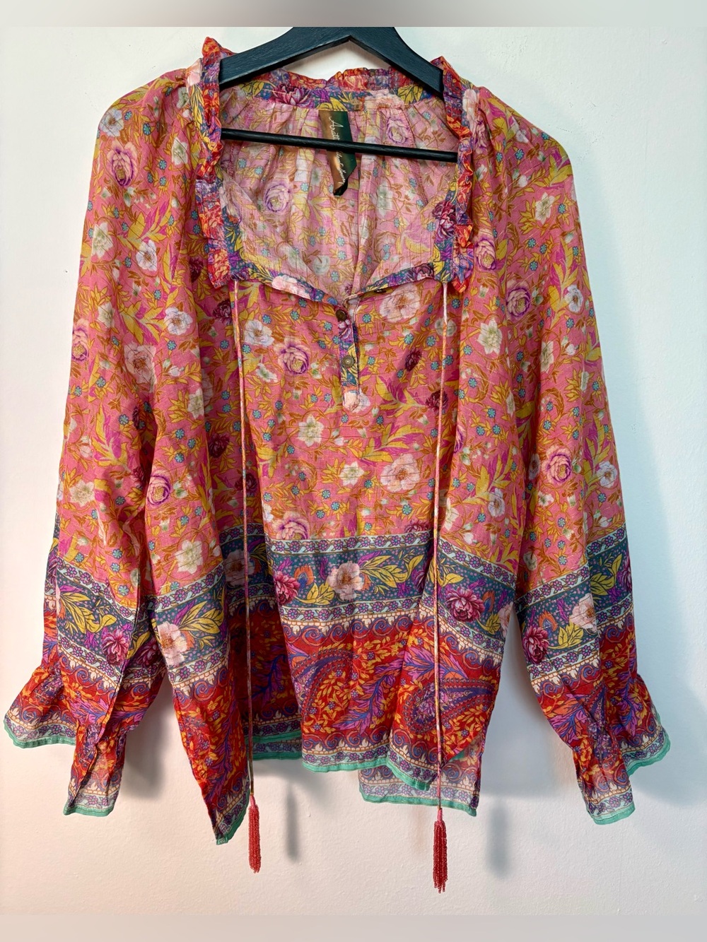Aratta Gold Tinsel Women’s Silent Journey Ruched Floral Blouse Size XL Sku#158 - Picture 2 of 11